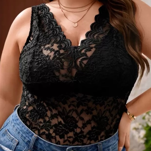 SHEIN Curve Prive Plus Scalloped Trim Black Lace Sleeveless Top Size 12(OXL) - Picture 1 of 5